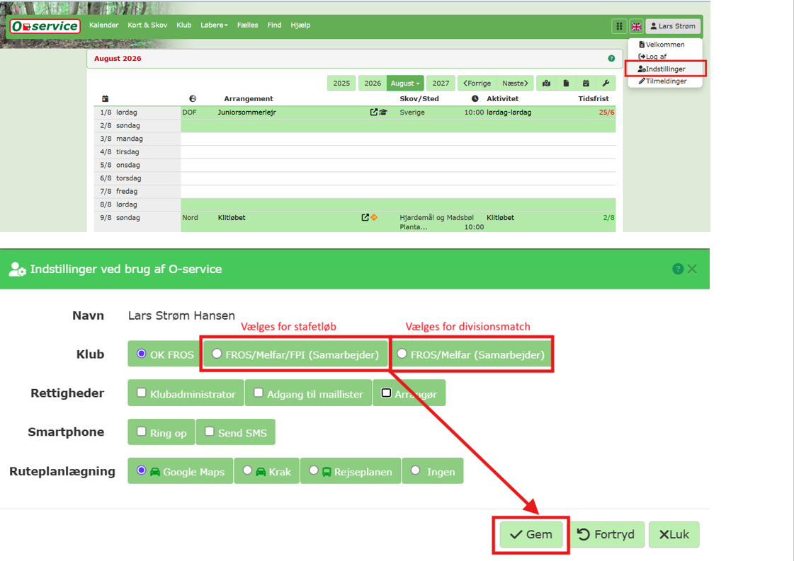 O-Service Indstillinger